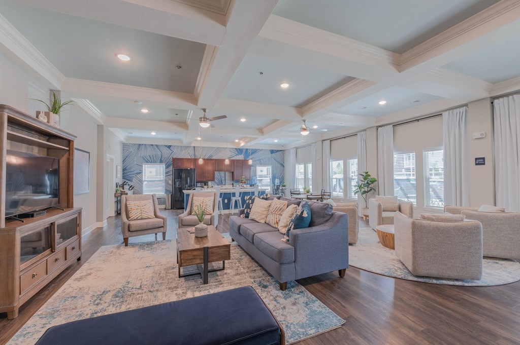 Clubhouse living room with couches, chairs, t.v., and a kitchen in the background