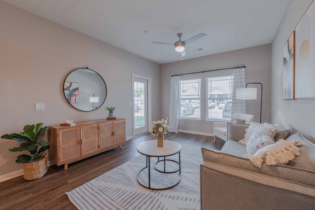 a living room with a couch and a coffee table