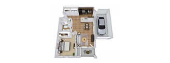 1 bedroom 3D floor plan with garage