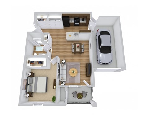 1 bedroom 3D floor plan with garage
