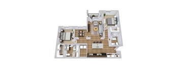 A 3D floor plan of a 2 bedroom apartment