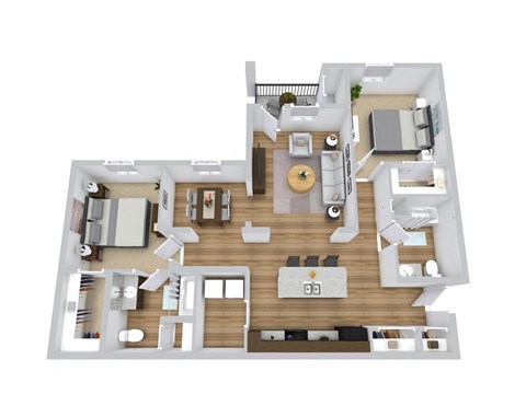 A 3D floor plan of a 2 bedroom apartment