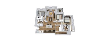 a 3d floor plan of a 3 bedroom apartment