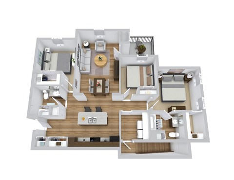 a 3d floor plan of a 3 bedroom apartment