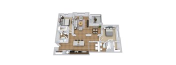 A 3D floor plan of a house with a kitchen, living room, dining room, and bedrooms.