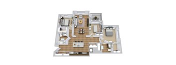A 3D floor plan of a house showing the layout of the rooms.