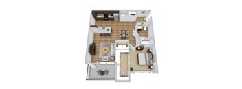 A top-down view of a house layout with a kitchen, living room, and bedrooms.