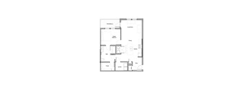 A floor plan of a home with a living room, dining room, kitchen, bath, pantry, and two bedrooms.