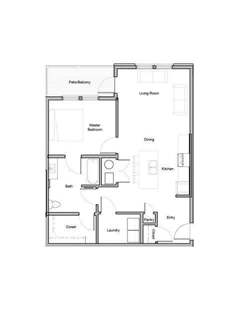 A floor plan of a home with a living room, dining room, kitchen, bath, pantry, and two bedrooms.