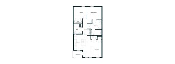 A floor plan of a house with a living room, kitchen, two bathrooms, two bedrooms, and a patio/balcony.