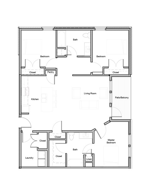 A floor plan of a house with labeled rooms such as Bath, Bedroom, Closet, Pantry, Living Room, Kitchen, Laundry, and Linen.