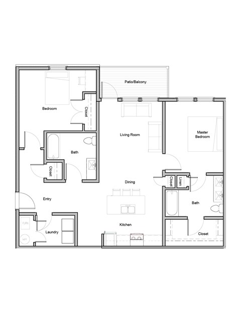 A floor plan of a house with a living room, dining room, kitchen, and multiple bathrooms.