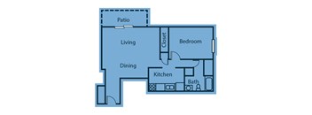 A floor plan of a house with a living room, dining room, kitchen, bedroom, bathroom and patio.