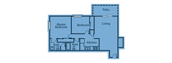 A blueprint of a house layout with a master bedroom, two bathrooms, a living room, a kitchen, and a patio.