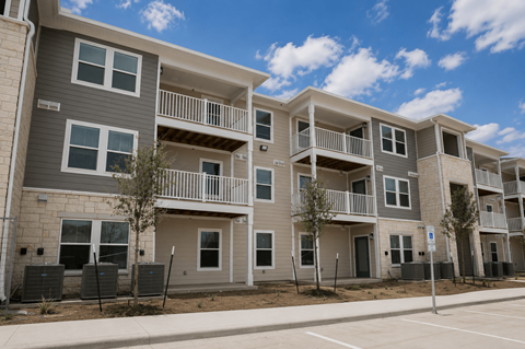 Apartment complex with grey and white buildings and black trash bins in front.