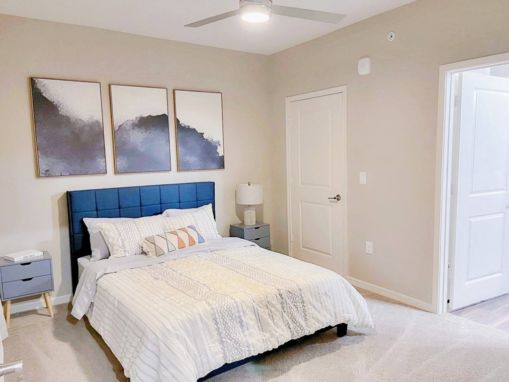 a bedroom with a bed and a closet