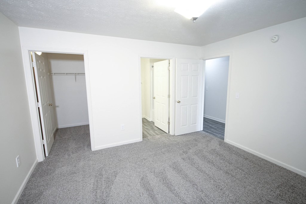 an empty room with white walls and carpet and a closet