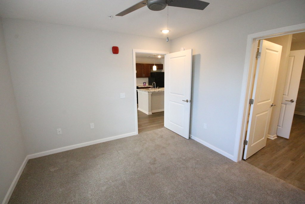 A room with a carpeted floor and a ceiling fan.