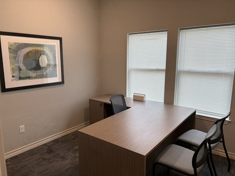 A room with a desk, chair, and a framed picture on the wall.