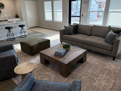 A living room with a grey couch and a coffee table.