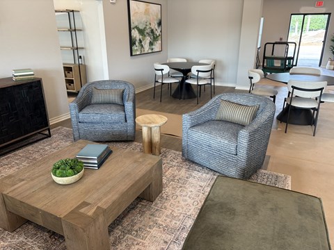 A living room with a grey sofa, a wooden coffee table, and a green rug.
