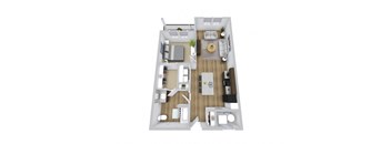 A top-down view of a modern apartment layout with a living room, kitchen, and two bedrooms.