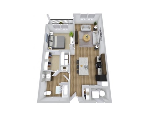 A top-down view of a modern apartment layout with a living room, kitchen, and two bedrooms.