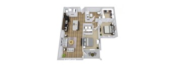 A top-down view of a house layout with a living room, kitchen, dining area, and bedrooms.