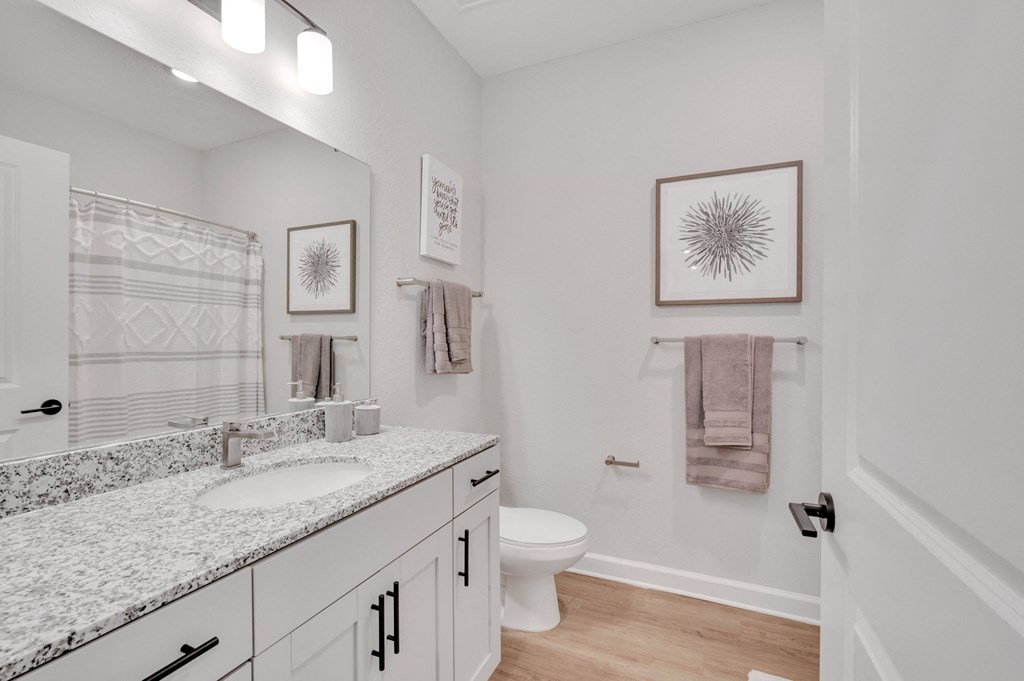 a bathroom with a sink and a toilet and a shower at spire apartments