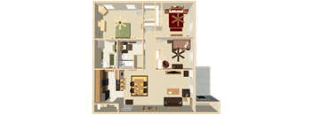 A floor plan of a house with a kitchen, living room, and dining area.