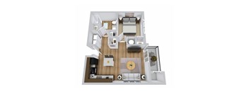 A 3D floor plan image of a 1 bedroom apartment with a balcony