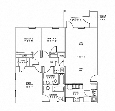 3 bedroom floor plan with master bedroom  at Canterbury House Newburgh Apartments in Newburgh, IN