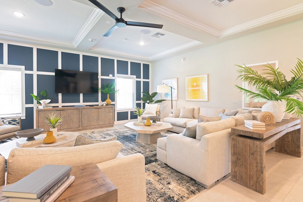 A living room with a television, couches, and a ceiling fan.
