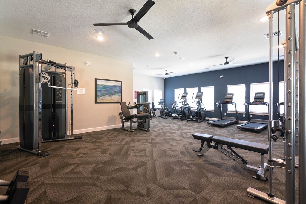 A gym with a variety of equipment including a treadmill, weights, and a bench.