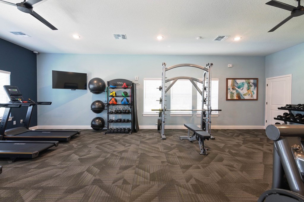 A home gym with a variety of equipment including a treadmill, weights, and a pull-up bar.