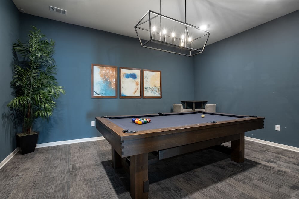 pool table with a plant and 3 pictures on a wall