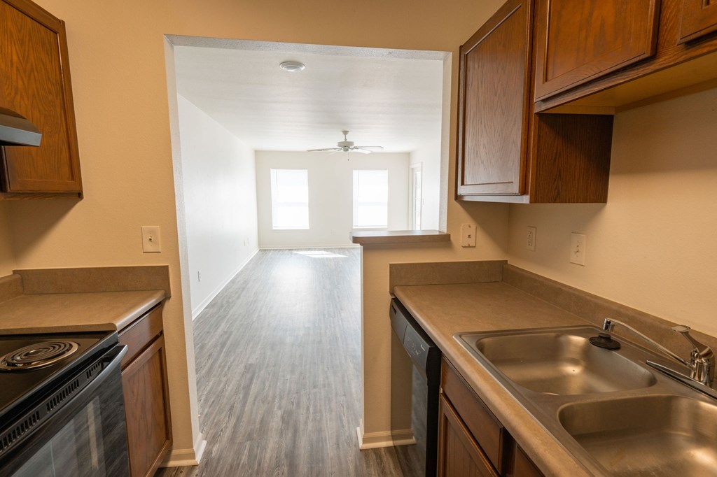 A kitchen with a stove, sink, and cabinets.