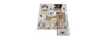 A top-down view of a house layout with a kitchen, living room, and dining area.