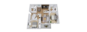 A top-down view of a two-story house with a living room, kitchen, and bedrooms.