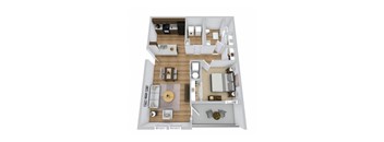A top-down view of a modern apartment layout.