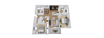 A top-down view of a two-story house with a living room, kitchen, and bedrooms.