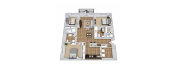 A top-down view of a house layout with a living room, kitchen, and two bedrooms.