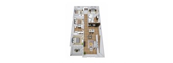 A top down view of a house with a kitchen, living room, dining room, and two bedrooms.