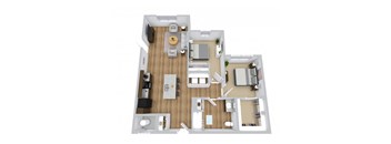A top-down view of a well-organized apartment layout.