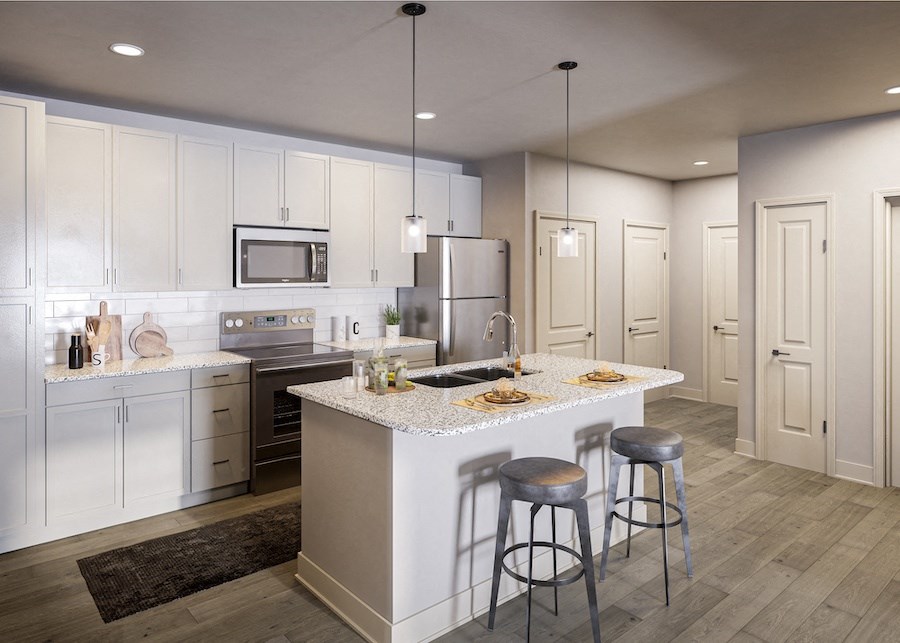 Swiftwater kitchen rendering with white cabinets and a white island with two stools