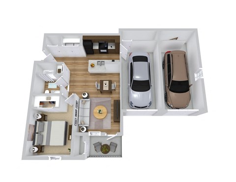 a 3d floor plan of a 1 bedroom apartment with a garage