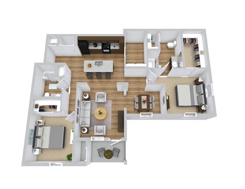 A 3D floor plan of a 2 bedroom apartment