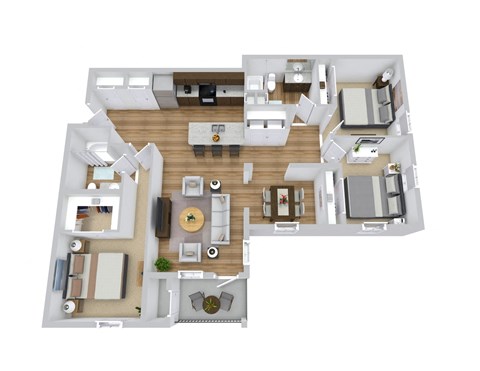 a 3d floor plan of a 3 bedroom apartment
