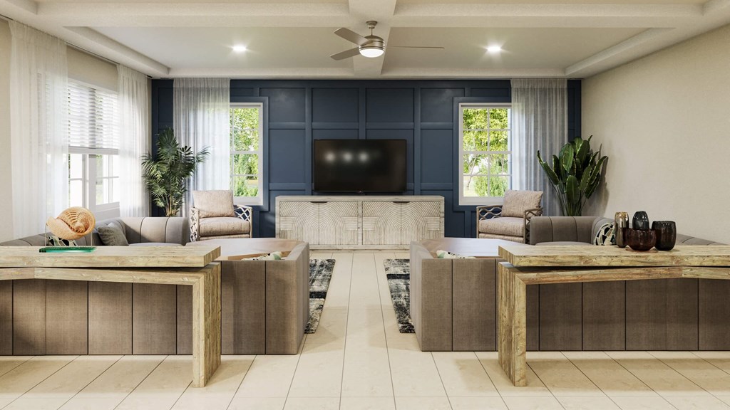 Rendering of a living room with a tv and couches at Vanguard apartments in Newberry, FL