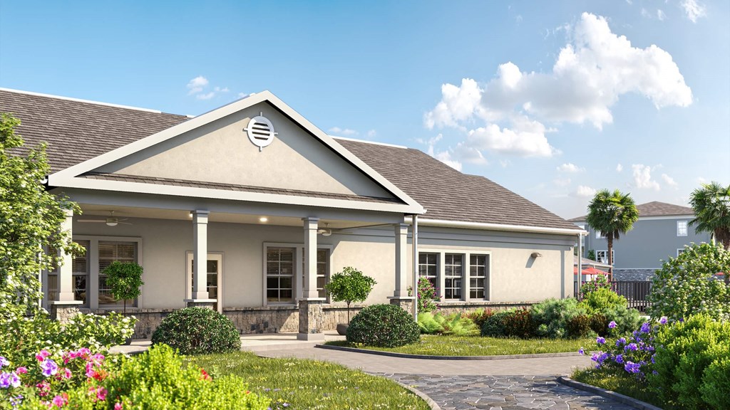 Rendering of Vanguard apartments exterior clubhouse